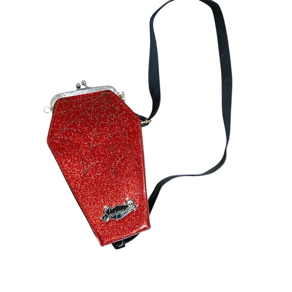 Sourpuss Red Coffin Shimmering Spiderweb Handbag No Inner Lining - Picture 2 of 6